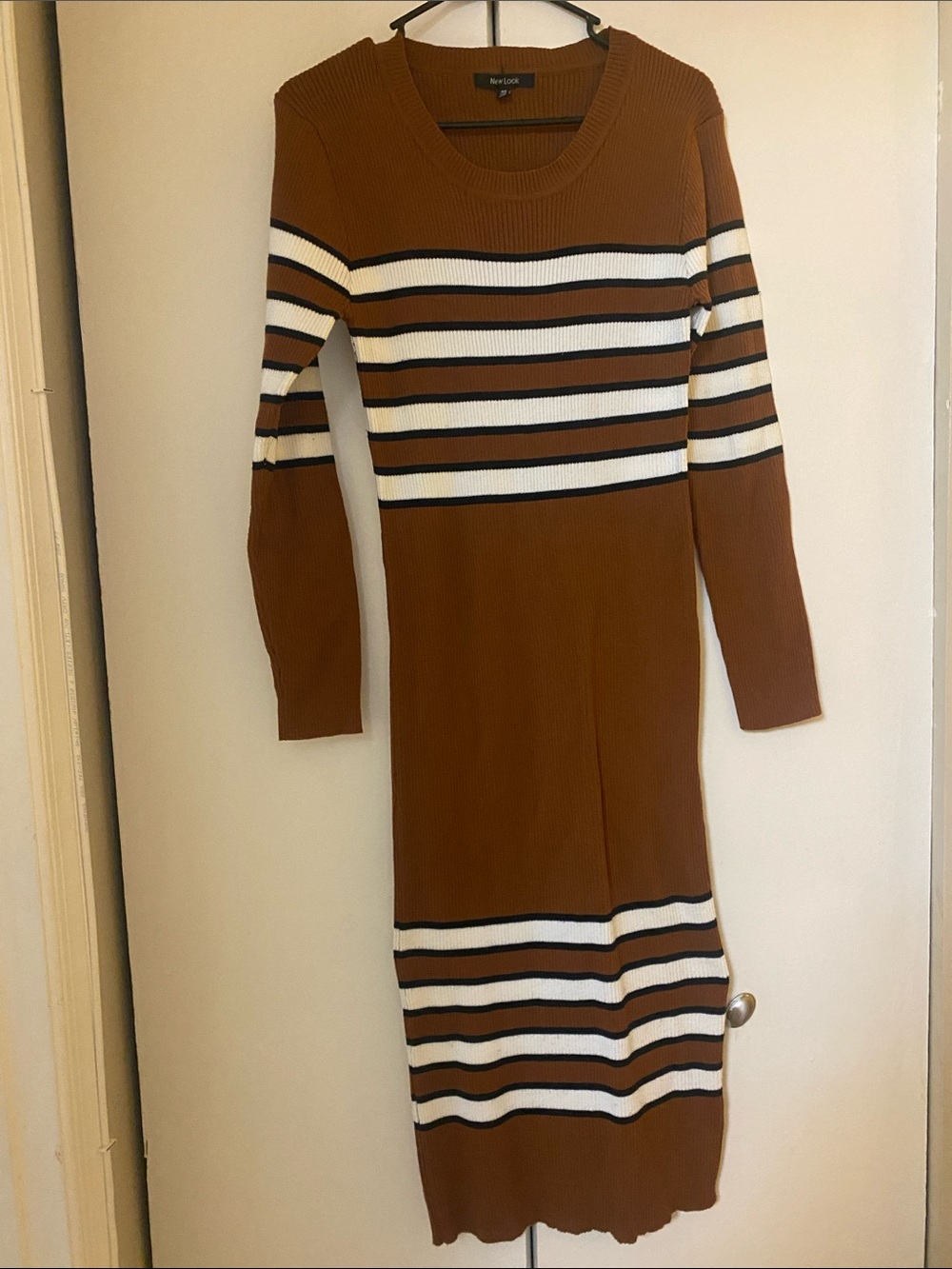New Look Brown Striped Ribbed Long Sleeve Midi Dress